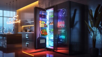 Modern luxury kitchen with open smart refrigerator displaying holographic food controls