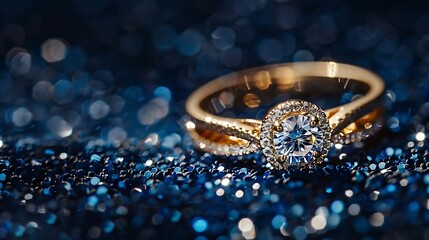 Closeup of luxury wedding ring in dark blue glitter background bridal golden jewelry gift with precious gemstone