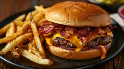 Closeup of a bacon cheeseburger on a toasted bun and french fries on a black plate