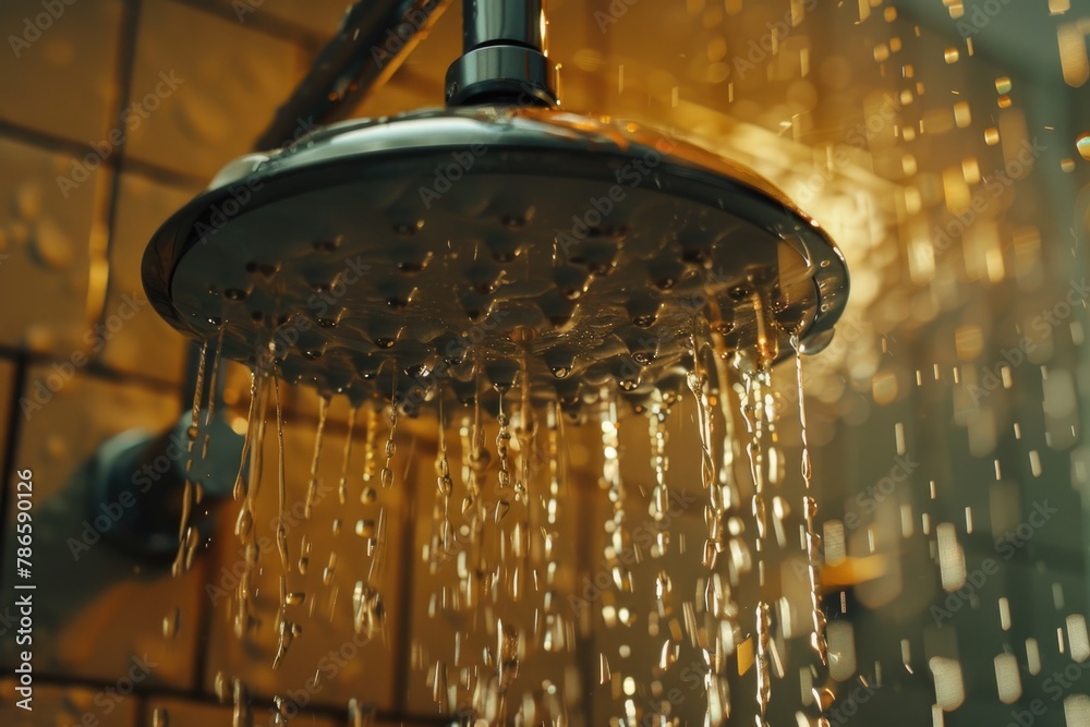 Poster a shower head with water running down it. perfect for bathroom design concepts