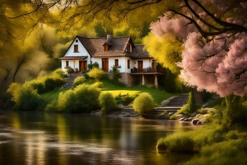 a charming house along the river, surrounded by the captivating beauty of blooming trees and a...
