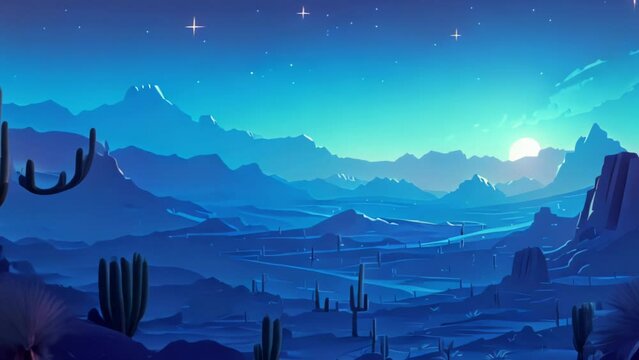 Desert landscape at night with cactus and hills silhouettes