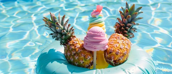 Two pineapples, ice cream floats on an inflatable ring in the pool, summer theme, summertime food - obrazy, fototapety, plakaty