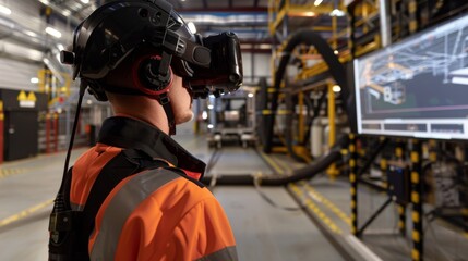 Engineer Using Virtual Reality in Industrial Setting at Dusk