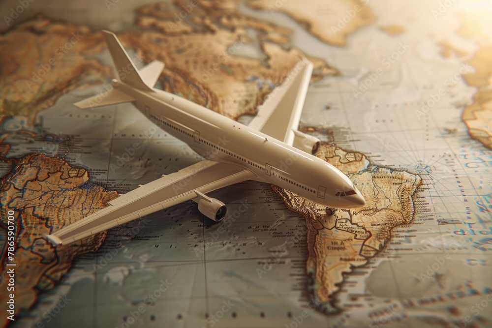 Poster model airplane resting on a map, suitable for travel concepts