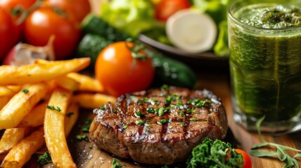 A succulent grilled steak paired with golden fries, complemented by a selection of fresh vegetables and a healthy glass of green juice. - obrazy, fototapety, plakaty