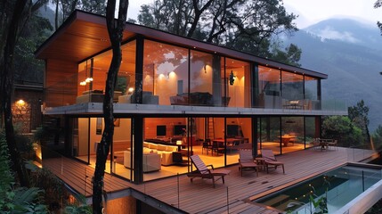A modern architectural design emphasizing simplicity, with large glass windows framing breathtaking mountain views and a wooden deck extending into a tranquil forestadd - obrazy, fototapety, plakaty