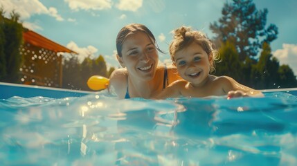 Two girls having fun in a pool with a colorful ball. Suitable for summer activities concept