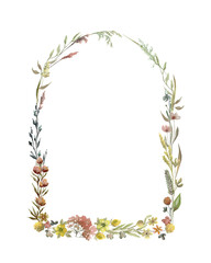 Wildflowers arch watercolor wreath isolated illustration with thin spikelets and twigs. Hand...