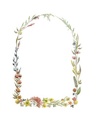 Wildflowers arch watercolor wreath isolated illustration with thin spikelets and twigs. Hand painted meadow wild flower floral frame with white and beige background for invitation and card template.