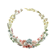 Wildflowers round watercolor wreath isolated illustration with thin spikelets and twigs. Hand painted meadow wild flower floral frame with white and beige background for invitation and card template.