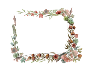 Wildflowers rectangular watercolor wreath isolated illustration with thin spikelet and twig. Hand painted meadow wild flower floral frame with white and beige background for invitation and template.