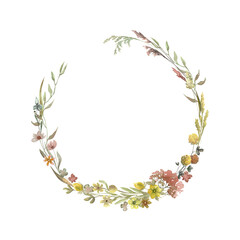 Wildflowers round watercolor wreath isolated illustration with thin spikelet and twig. Hand painted meadow wild flower floral frame with white and beige background for invitation and card template.