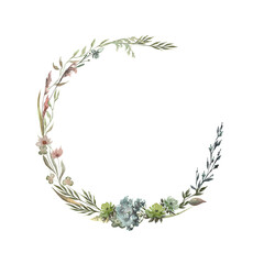 Wildflowers round watercolor wreath isolated illustration with thin spikelets and twigs. Hand painted meadow wild flower floral frame with white and beige background for invitation and card template.