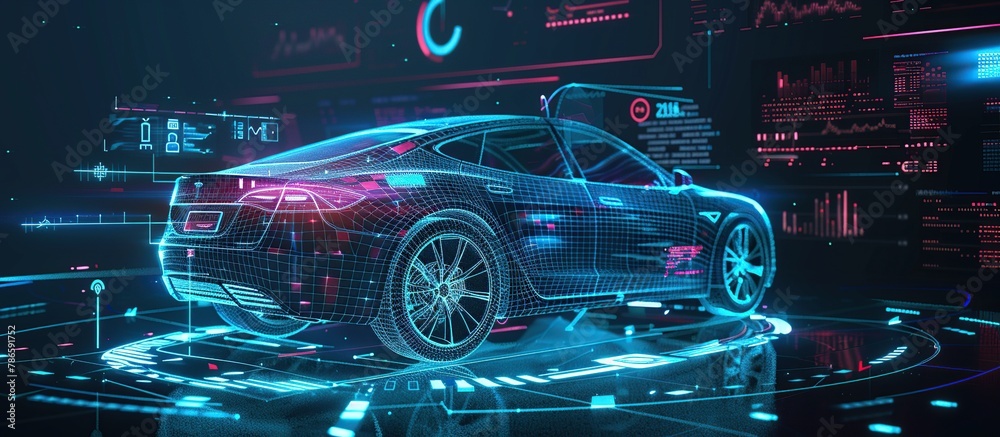 Poster futuristic car service, scanning, auto data analysis. hologram auto in hud ui, ux style.