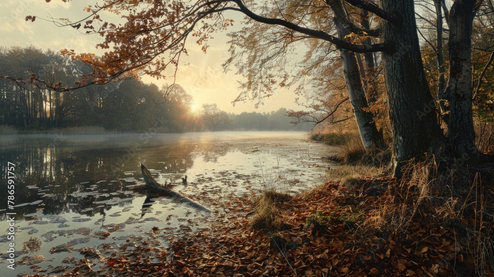 Poster sunlight shining through trees over calm water. ideal for nature and landscape themes
