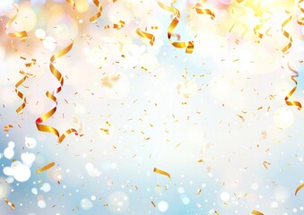 Obraz na płótnie Canvas Abstract background with golden confetti and ribbons on blurred bokeh lights, creating a festive atmosphere for celebration or party design Generative AI