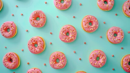 Delicious pink donuts with colorful sprinkles on a blue background. Perfect for bakery or dessert-themed designs