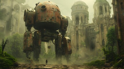 Amidst the ruins of a once-great civilization, a biomechanical hybrid stands sentinel, its metallic form weathered by the passage of time.