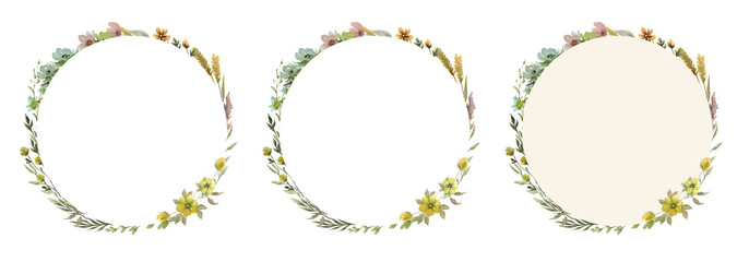 Wildflowers round watercolor frame isolated illustration with thin spikelets and twigs. Hand...