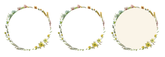 Wildflowers round watercolor frame isolated illustration with thin spikelets and twigs. Hand painted meadow wild flower floral wreath with white and beige background for invitation and card template.
