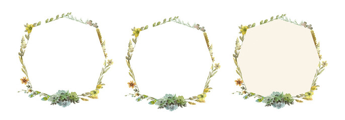 Wildflowers octagonal watercolor frame isolated illustration with thin spikelets and twigs. Hand painted meadow wild flower floral wreath with white and beige background for invitation and template. - obrazy, fototapety, plakaty
