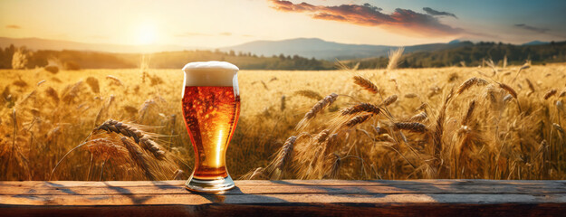 Beer Glass on Wooden Surface Overlooking a Golden Wheat Field. Ale pint against the backdrop of a sunlit cereal crop landscape. Panorama with copy space.