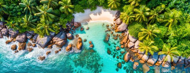 Aerial View of a Tropical Beach with Lush Foliage. Overhead perspective of turquoise waters meeting a sandy shore with verdant flora. Panorama with copy space.