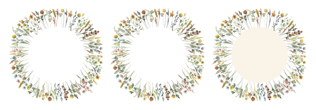 Wildflowers round watercolor frame isolated illustration with thin spikelets and twigs. Hand painted meadow wild flower floral wreath with white and beige background for invitation and card template.