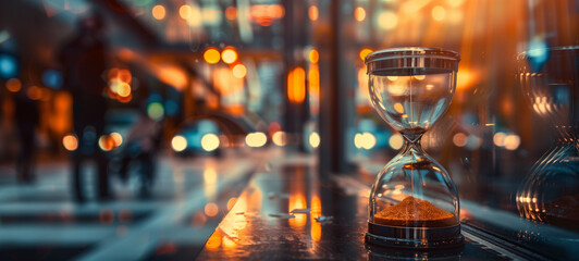 A close-up of an hourglass on the counter in front with a blurred background showing people walking outside at sunset