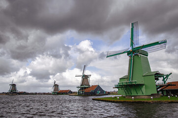 Windmills in "Houtzaagmolen de Gekroonde Poelenburg" Zaanse. Netherlands.
