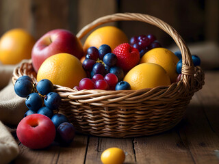 Bright basket with fruits on a rustic background on a wooden table