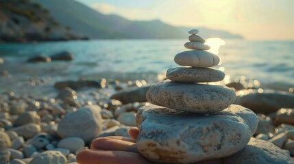 A person holding a stack of rocks on a sandy beach, ideal for nature and relaxation concepts