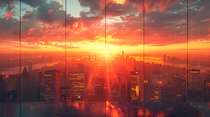 City of Skyscrapers business office glass building,
A view of a city from a rooftop with a sunset in the background.
