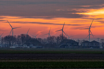 Wind turbines in the Netherlands, countryside in the morning.