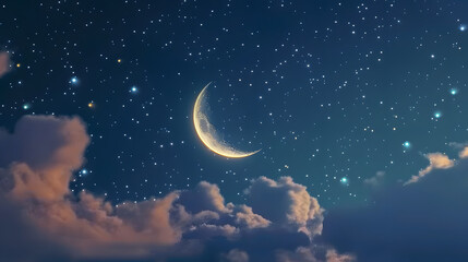 Obraz na płótnie Canvas A serene night sky with a luminous crescent moon surrounded by glittering stars and soft clouds.