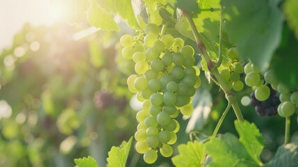 Obraz premium Green Grapes Hanging on a Tree in a Warm Environment Growing Immature Grapes in a Well Tended Modern Agricultural Setting with a Natural Vineyard Background