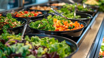Fresh salads displayed on a buffet at a catered event or celebration. Cuisine Culinary Buffet Dinner Catering Dining Food Celebration Party Concept. - obrazy, fototapety, plakaty