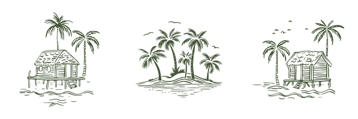 Hand drawn palm tree doodle element set. Colorful hawaiian clipart, isolated summer vacation collection in vintage art style. Tropical plant painting illustration bundle.   © Dedraw Studio