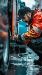 A Delivery Driver Maintaining vehicle cleanliness and performing routine maintenance checks to ensure safe and reliable operation, realistic people photography