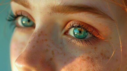 Close up of a woman's eye with natural freckles. Suitable for beauty and skincare concepts