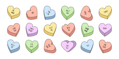 Colorful heart candy cartoon illustration set. Cute love quote hearts collection. Valentine's day holiday doodle bundle, romantic design on isolated background. Pastel color sweet with funny message.	