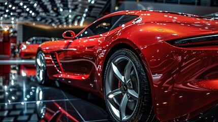 Close up view of modern luxury sports car with shiny red reflection. perfect for auto enthusiasts and adverts. - obrazy, fototapety, plakaty