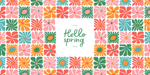 Colorful floral spring season illustration. Vintage style hippie flower greeting card design. Geometric garden poster template, holiday nature background texture with daisy flowers.