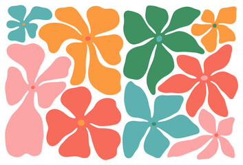 Colorful retro flower illustration set. Vintage style hippie floral clipart element design collection. Hand drawn nature collage, spring season drawing bundle with daisy flowers.	
