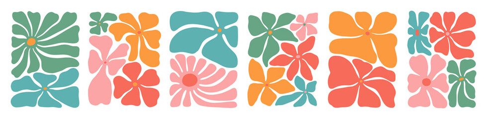 Colorful retro flower illustration set. Vintage style hippie floral clipart element design collection. Hand drawn nature collage, spring season drawing bundle with daisy flowers.   © Dedraw Studio