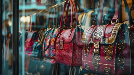 Fashion handbags in a shop window - obrazy, fototapety, plakaty
