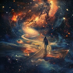 A lone cosmic voyager walks on a path leading to a swirling galaxy, surrounded by stars, planets, and a mystical fifth-dimension aura - obrazy, fototapety, plakaty