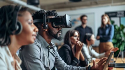 Man Experiencing Virtual Reality in Modern Office Setting