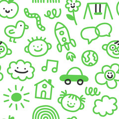 Colorful eco friendly doodle icon seamless pattern. Cute happy kid drawing symbol wallpaper print, ecology education conept background illustration texture.	
